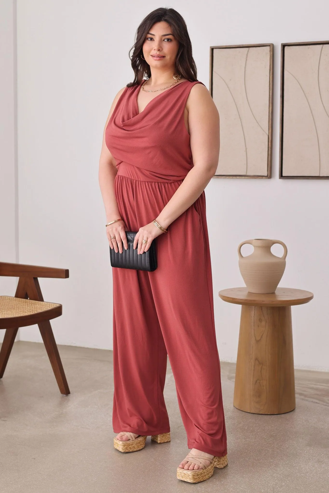 Plus Size Solid Cowl Neck Wide Long Leg Jumpsuits