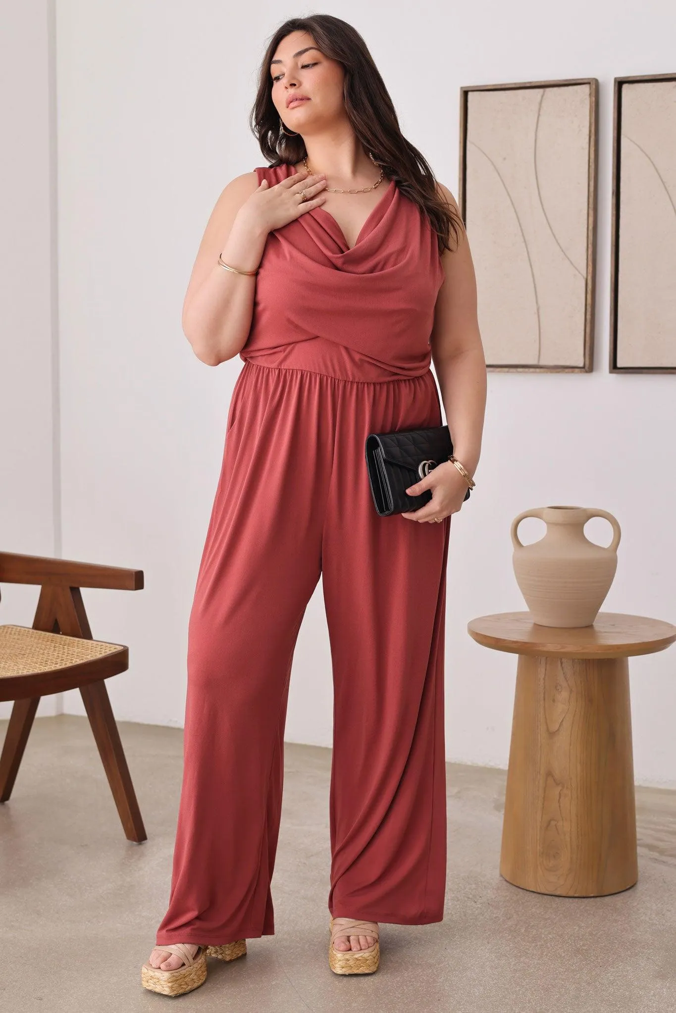 Plus Size Solid Cowl Neck Wide Long Leg Jumpsuits
