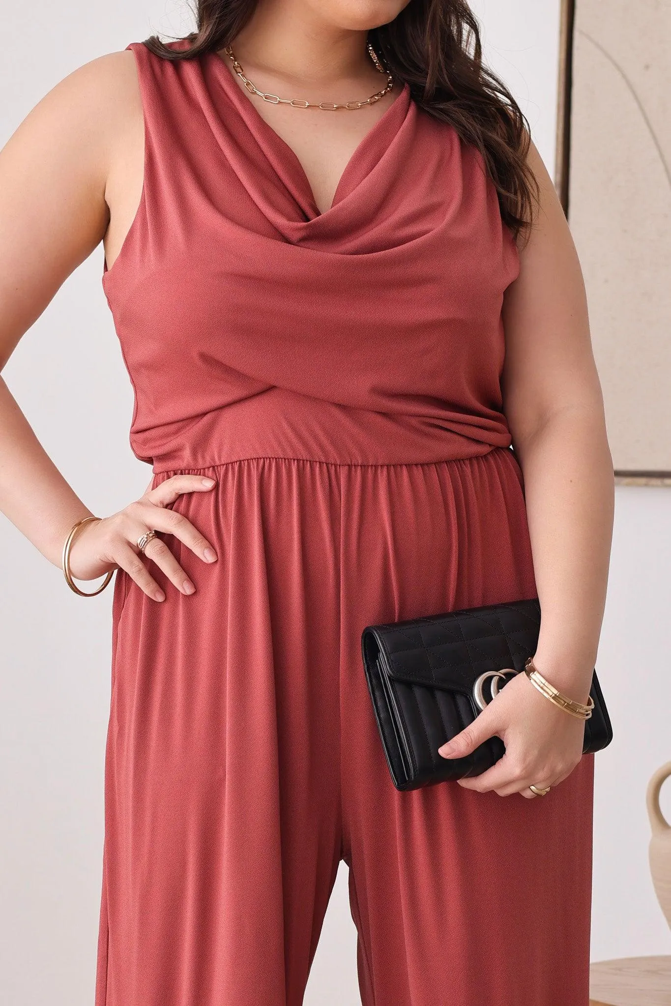 Plus Size Solid Cowl Neck Wide Long Leg Jumpsuits