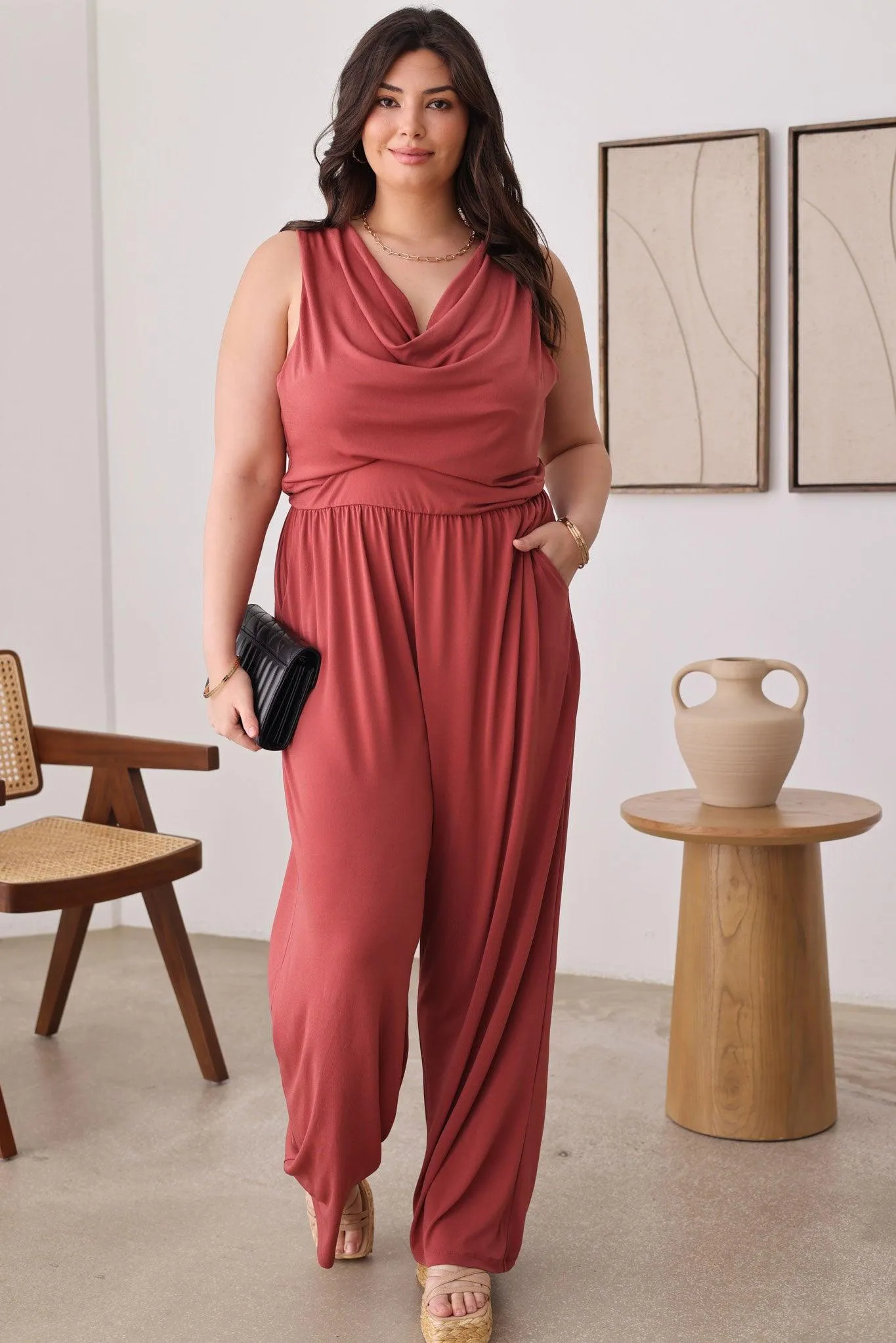 Plus Size Solid Cowl Neck Wide Long Leg Jumpsuits