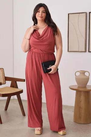 Plus Size Solid Cowl Neck Wide Long Leg Jumpsuits