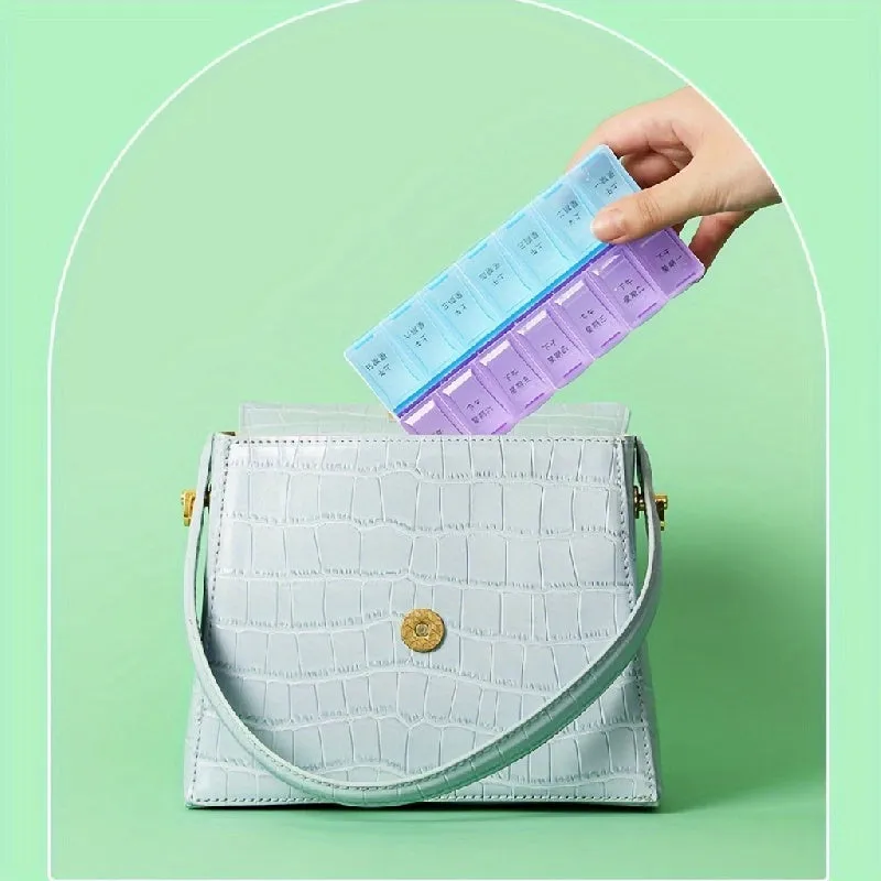 Portable 14 Compartment Pill Box for Daily Medication Management