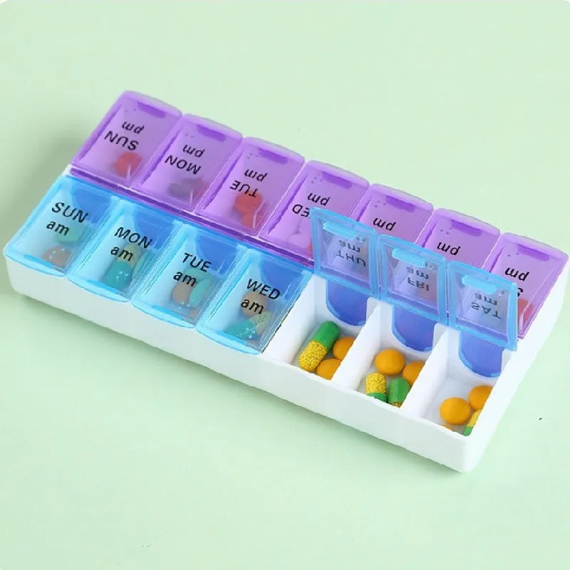 Portable 14 Compartment Pill Box for Daily Medication Management