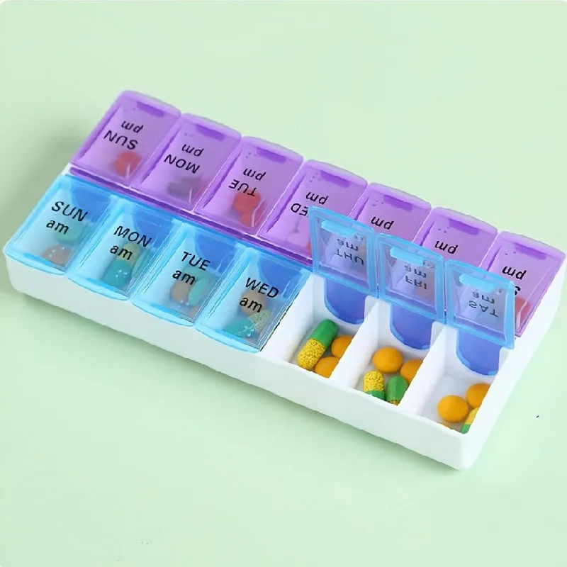 Portable 14 Compartment Pill Box for Daily Medication Management