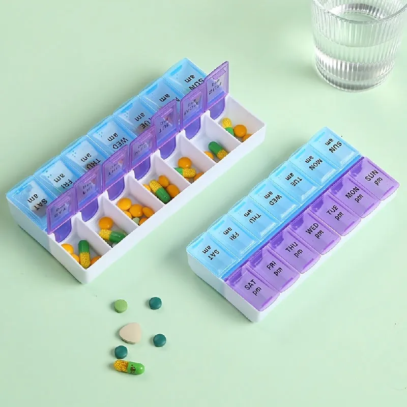 Portable 14 Compartment Pill Box for Daily Medication Management