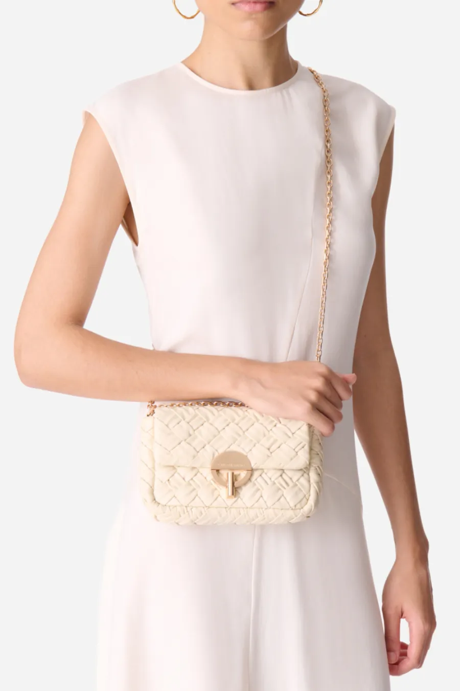 Small Braided Leather Moon Bag Ivory