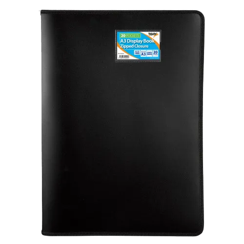 Tiger A3 Premium Black Zip Up Presentation Display Book Folder Portfolio - 20 Pocket (40 Views)